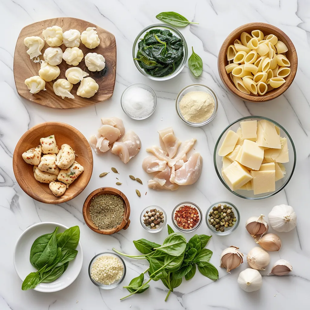 Garlic Chicken Bites and Creamy Cajun Spinach Artichoke Alfredo Pasta Flavorful ingredients