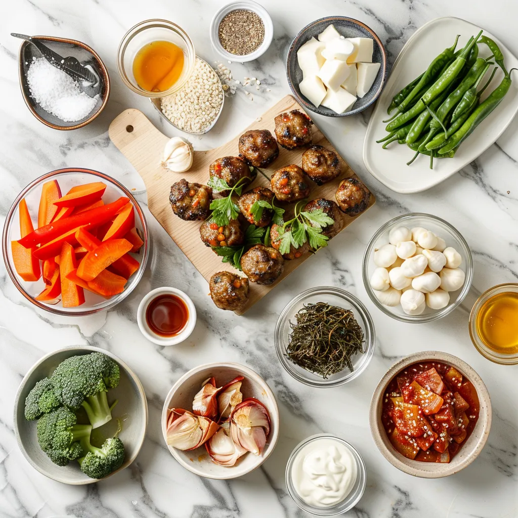 Korean BBQ Meatballs with Roasted Vegetables Savory ingredients