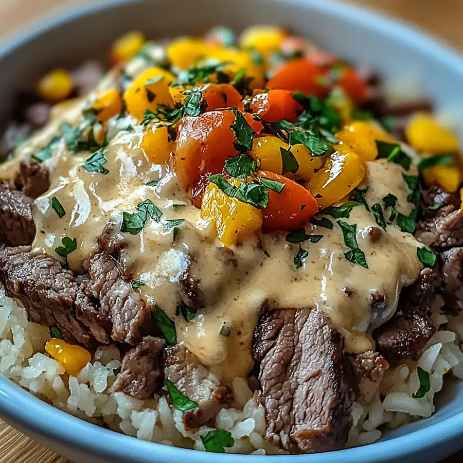 Cheesy Steak Queso Rice Bowl - Ultimate Comfort