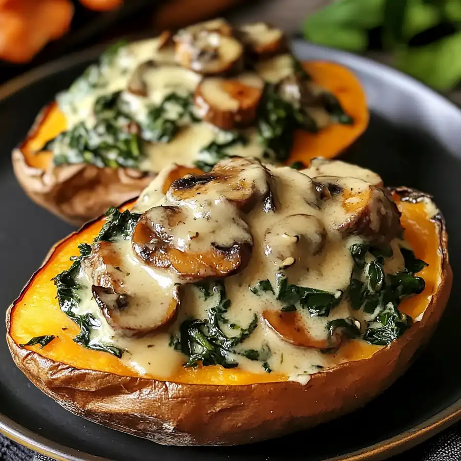 Creamy Mushroom & Spinach Stuffed Sweet Potatoes – Easy Dinner