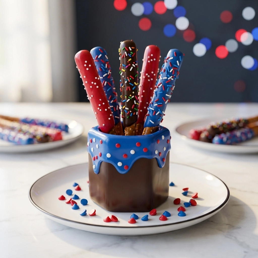 Red, White, and Blue Chocolate Pretzel Rods for July 4th