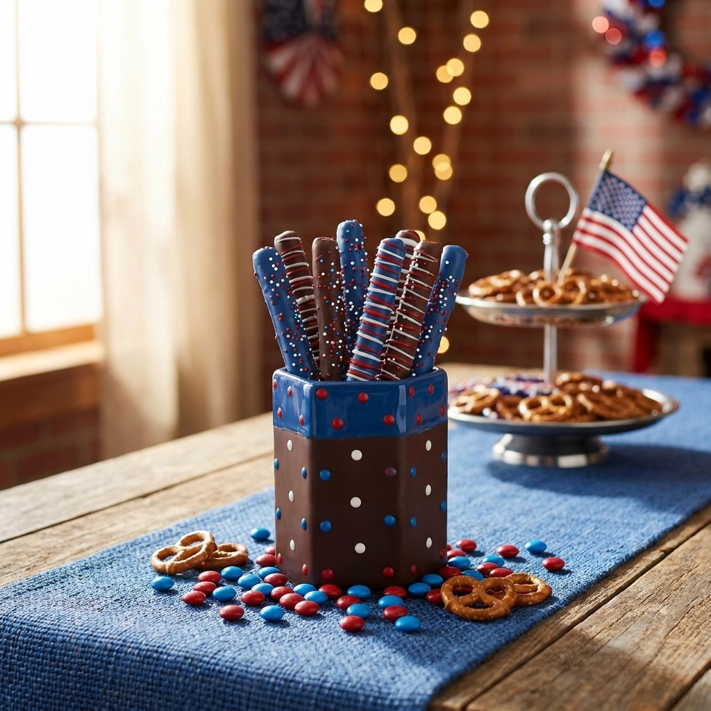 Red, White, and Blue Chocolate Pretzel Rods for July 4th