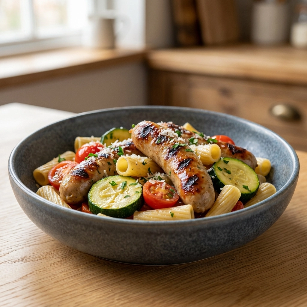 Delicious Chicken Sausages with Zucchini & Pasta Recipe | Easy Weeknight Dinner