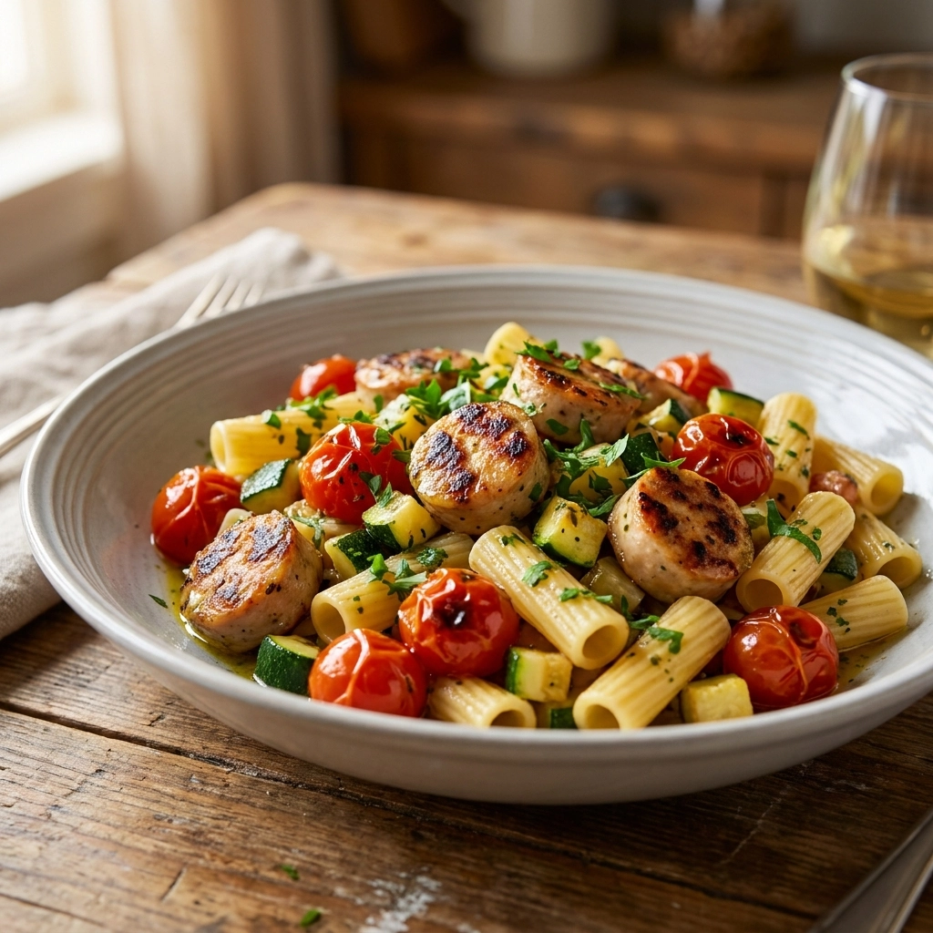 Delicious Chicken Sausages with Zucchini & Pasta Recipe | Easy Weeknight Dinner