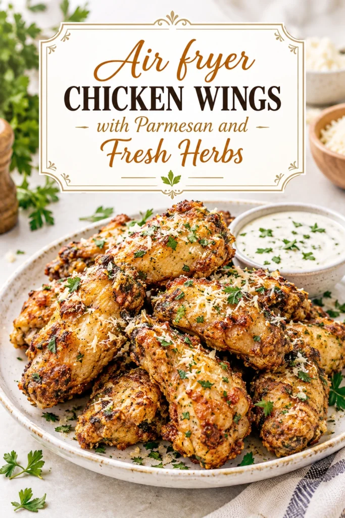 Crispy air fryer chicken wings coated in grated parmesan cheese and chopped fresh herbs, served on a white platter.