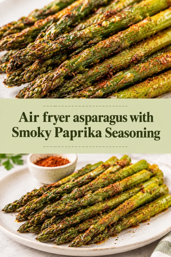 Roasted asparagus spears seasoned with smoky paprika, arranged on a platter and garnished with fresh lemon slices and pepper.