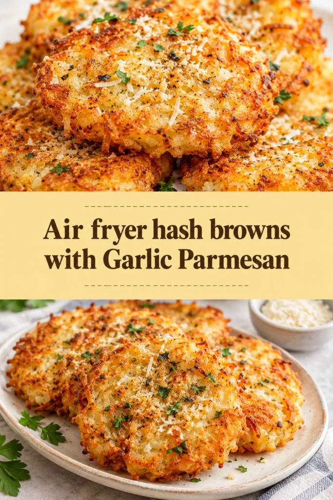 Crispy golden brown air fryer hash browns seasoned with garlic and parmesan cheese, served in a white ceramic bowl.