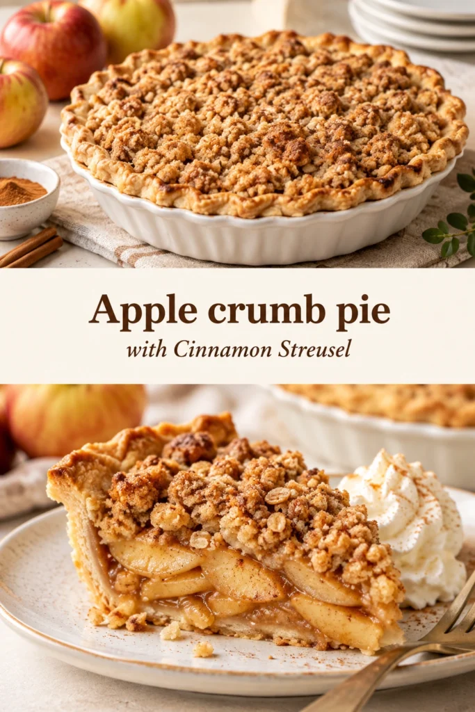 A slice of apple crumb pie with a golden cinnamon streusel topping and tender cooked apple filling.