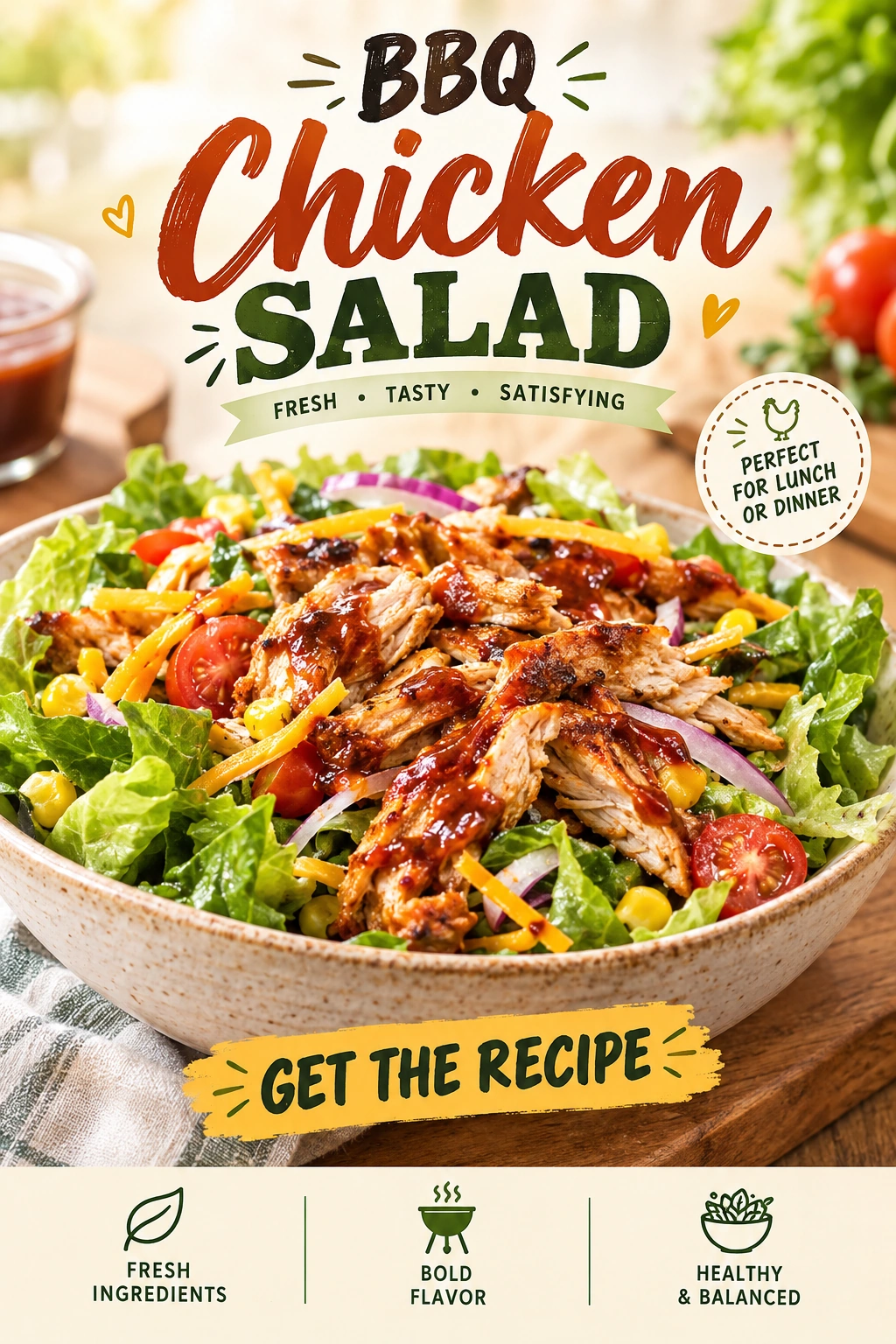 Grilled BBQ chicken breasts sliced over a bed of mixed greens with corn, black beans, and cherry tomatoes.