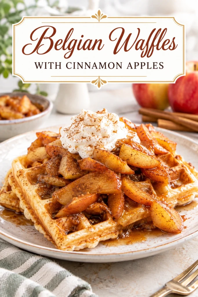 Two golden brown Belgian waffles topped with sautéed cinnamon apples and a drizzle of maple syrup on a plate.