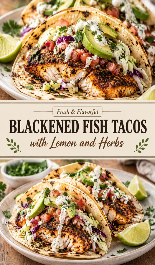 Three blackened fish tacos in corn tortillas topped with fresh cilantro, diced onions, and lemon wedges on a platter.