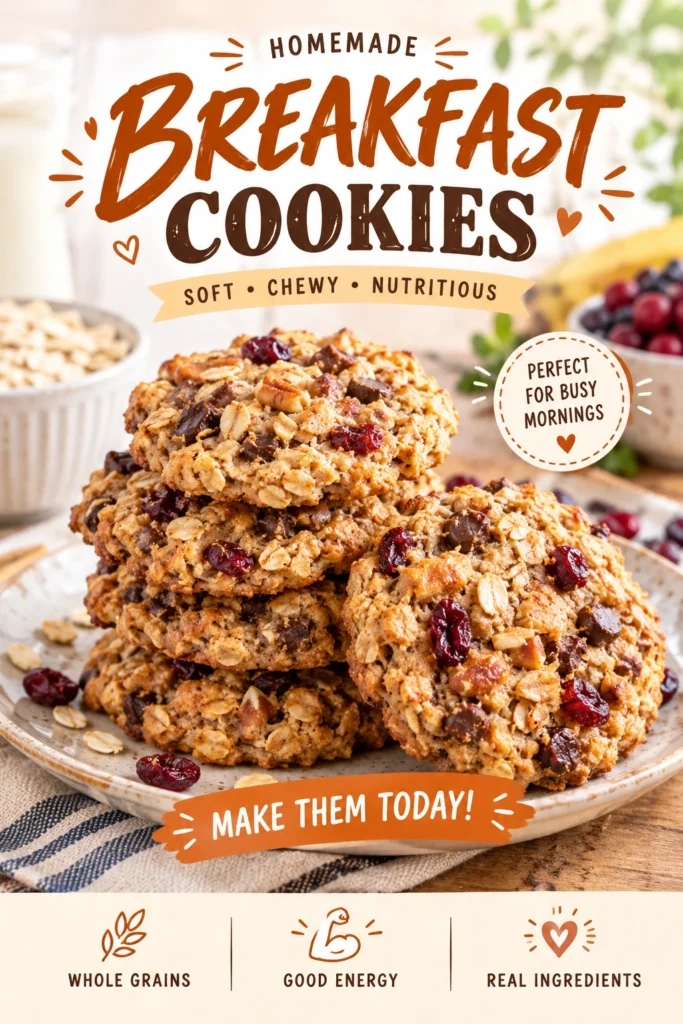 A stack of golden-brown baked breakfast cookies made with oats and honey on a rustic parchment-lined baking sheet.