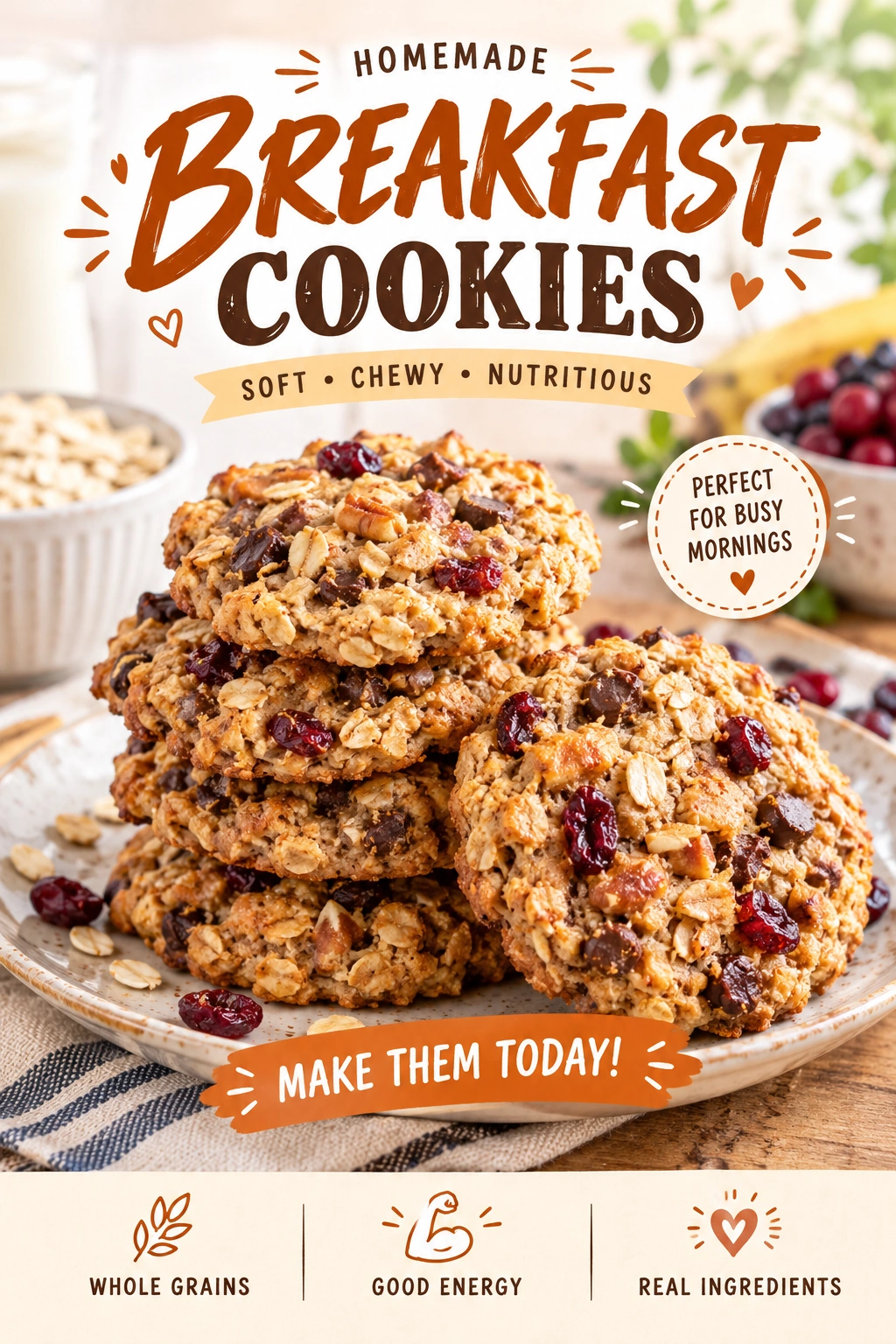 A stack of golden-brown baked breakfast cookies made with oats and honey on a rustic parchment-lined baking sheet.