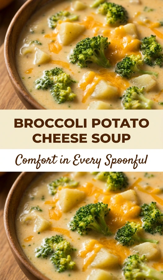 Creamy broccoli potato cheese soup in a white bowl, garnished with melted cheddar cheese and fresh broccoli florets.