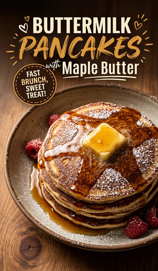 A stack of fluffy buttermilk pancakes topped with a melting pat of maple butter and drizzled with maple syrup.