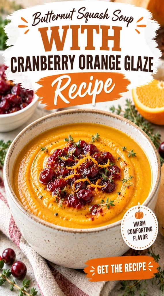 Creamy orange butternut squash soup in a bowl, drizzled with red cranberry orange glaze and garnished with fresh herbs.