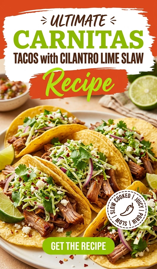 Three corn tortillas filled with slow-cooked pork carnitas, topped with a crisp cilantro lime slaw and fresh lime wedges.