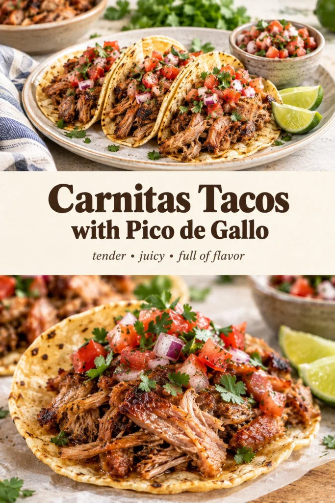 Three crispy corn tortillas filled with slow-cooked carnitas, topped with fresh pico de gallo, cilantro, and sliced lime.