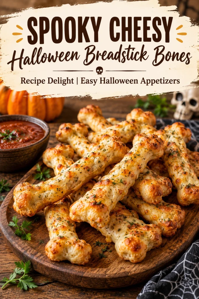Baked cheesy breadsticks shaped like human bones, arranged on a dark platter with melted cheese and golden brown crust.
