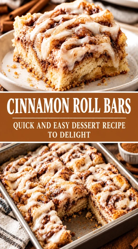Square cinnamon roll bars with a swirl of cinnamon sugar, topped with a drizzle of white cream cheese frosting.