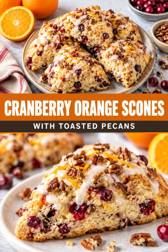 Golden-brown cranberry orange scones topped with toasted pecans and a drizzle of citrus glaze on a rustic platter.