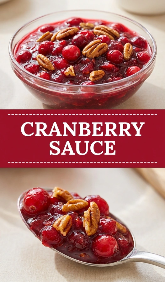 Deep red cranberry sauce topped with toasted pecan halves in a small glass bowl on a white tabletop.