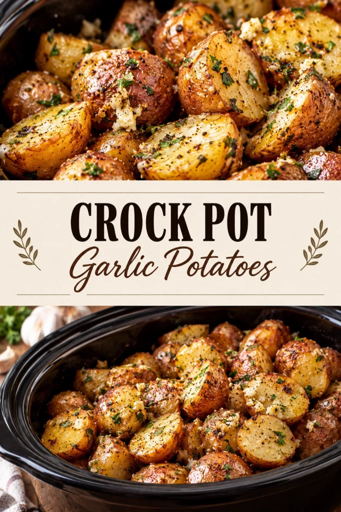 Slow cooked baby potatoes tossed in garlic butter and fresh parsley, served in a white ceramic dish.