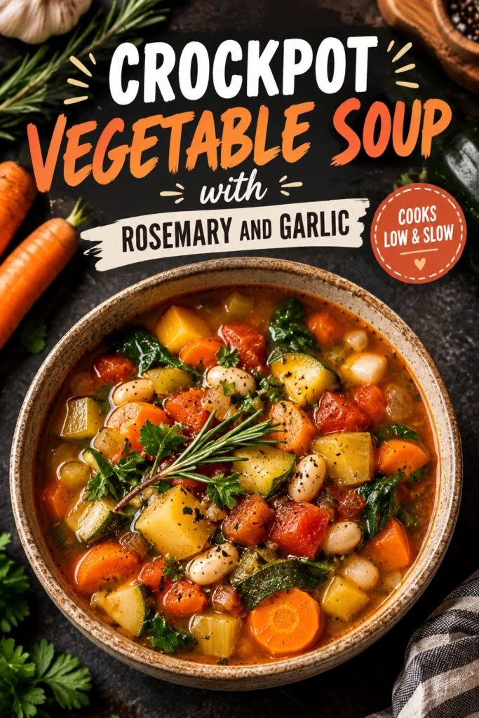 A bowl of hearty vegetable soup with carrots, potatoes, and peas, garnished with a fresh sprig of rosemary.