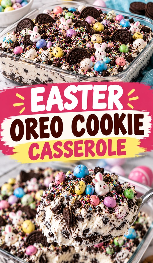 A baked Oreo cookie casserole topped with melted chocolate, whipped cream, and colorful pastel Easter candies in a baking dish.