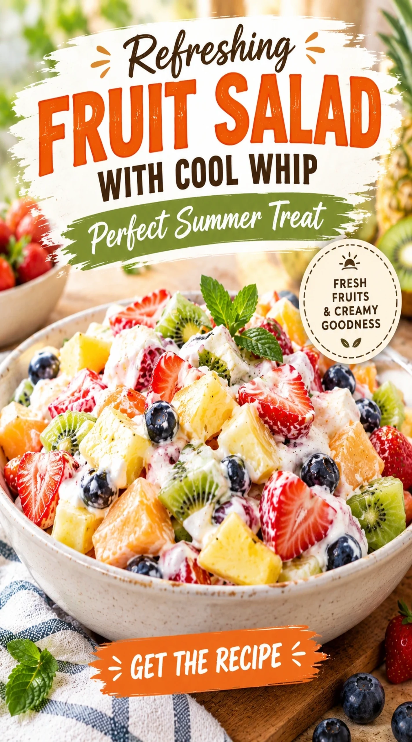A colorful bowl of mixed fresh fruits tossed in a creamy Cool Whip dressing, garnished with fresh mint leaves.