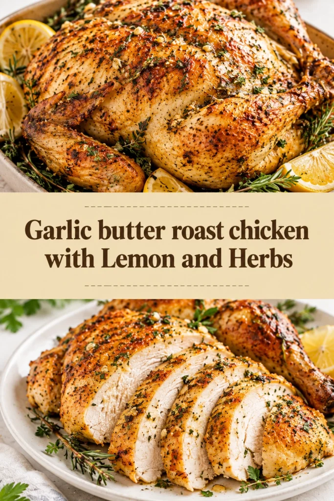 Golden brown whole roast chicken on a platter, garnished with fresh herbs and lemon slices in a garlic butter sauce.