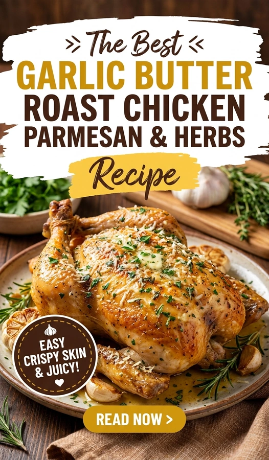 Whole roasted chicken with golden brown skin, topped with melted garlic butter, parmesan cheese, and fresh green herbs.