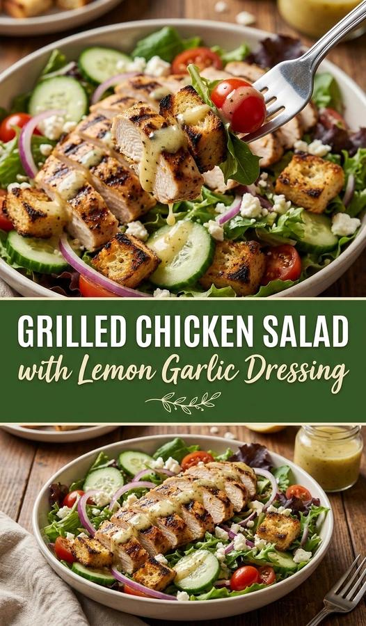 Sliced grilled chicken breast on a bed of mixed greens with cherry tomatoes, cucumbers, and lemon garlic dressing.