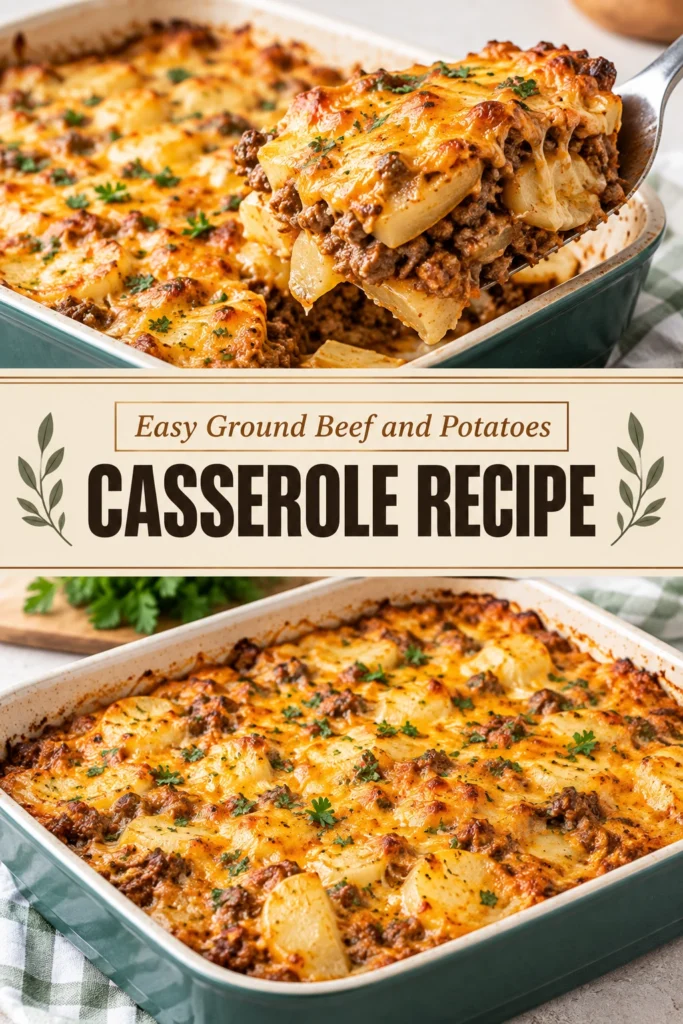 Cheesy ground beef and potato casserole in a baking dish, topped with melted cheese and fresh parsley garnish.