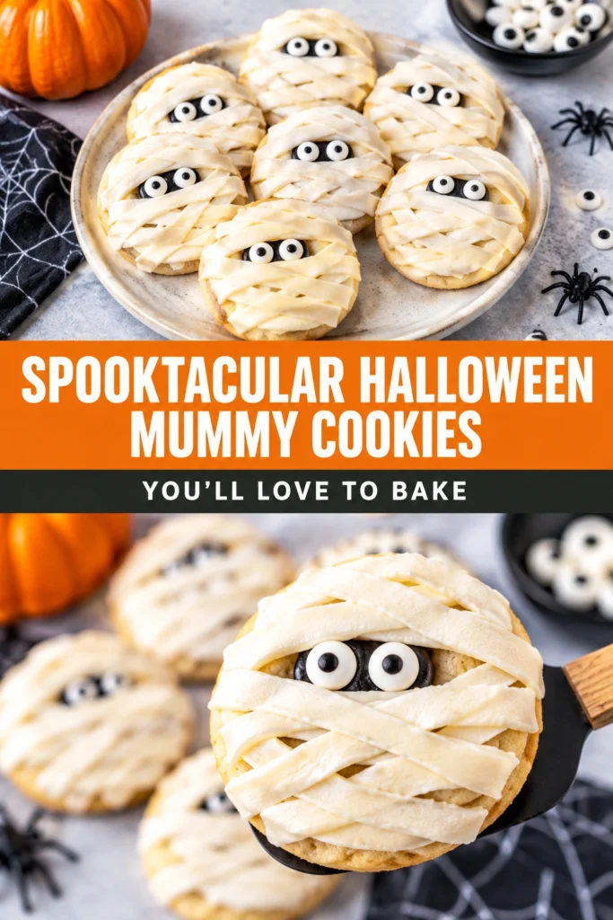 Sugar cookies decorated with white icing strips to look like mummies, featuring small candy eyes peeking through the wraps.
