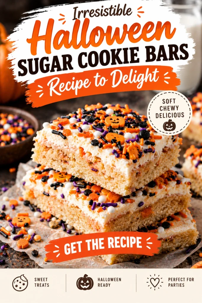 Square sugar cookie bars topped with orange frosting and festive Halloween sprinkles, sliced into pieces on a baking sheet.