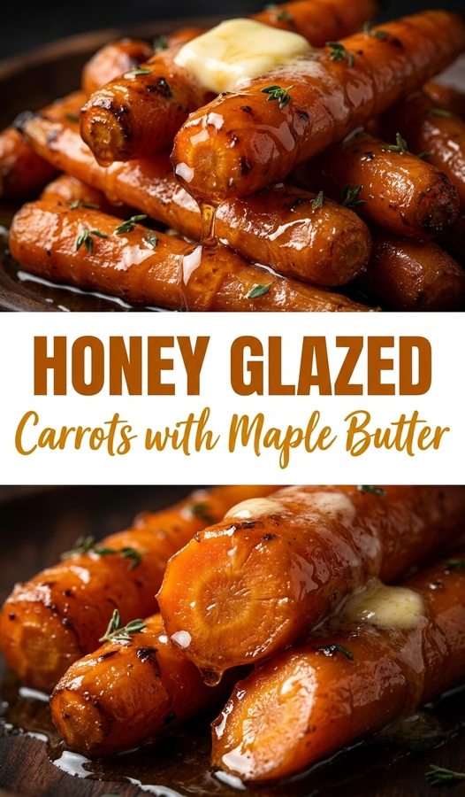 Glazed orange carrots roasted in maple butter and honey, garnished with fresh parsley on a white ceramic platter.