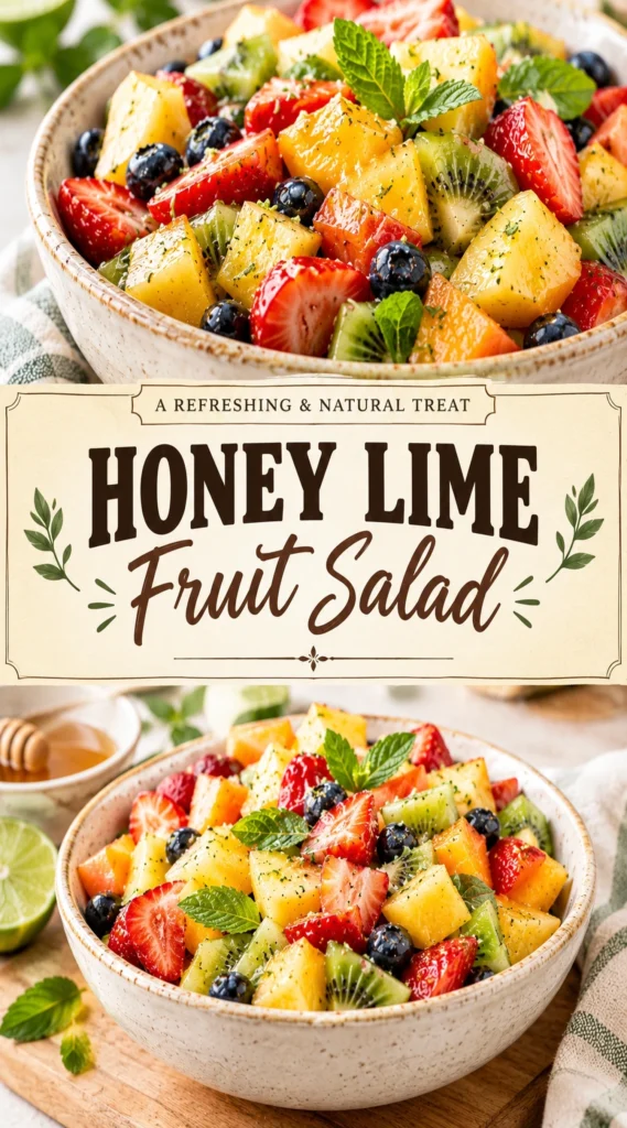 A colorful bowl of mixed fresh fruit including berries and melon, drizzled with a glossy honey lime glaze.