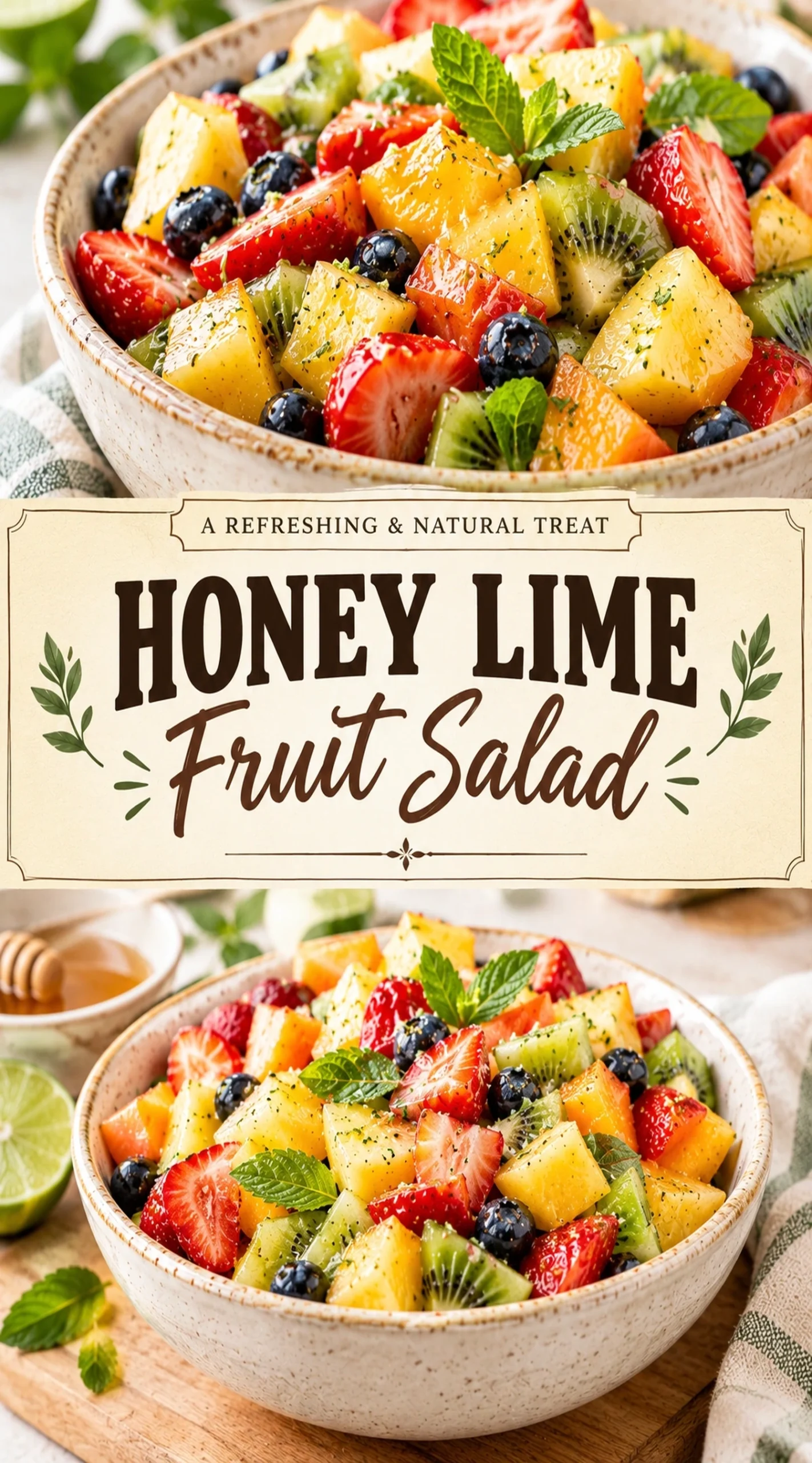 A colorful bowl of mixed fresh fruit including berries and melon, drizzled with a glossy honey lime glaze.