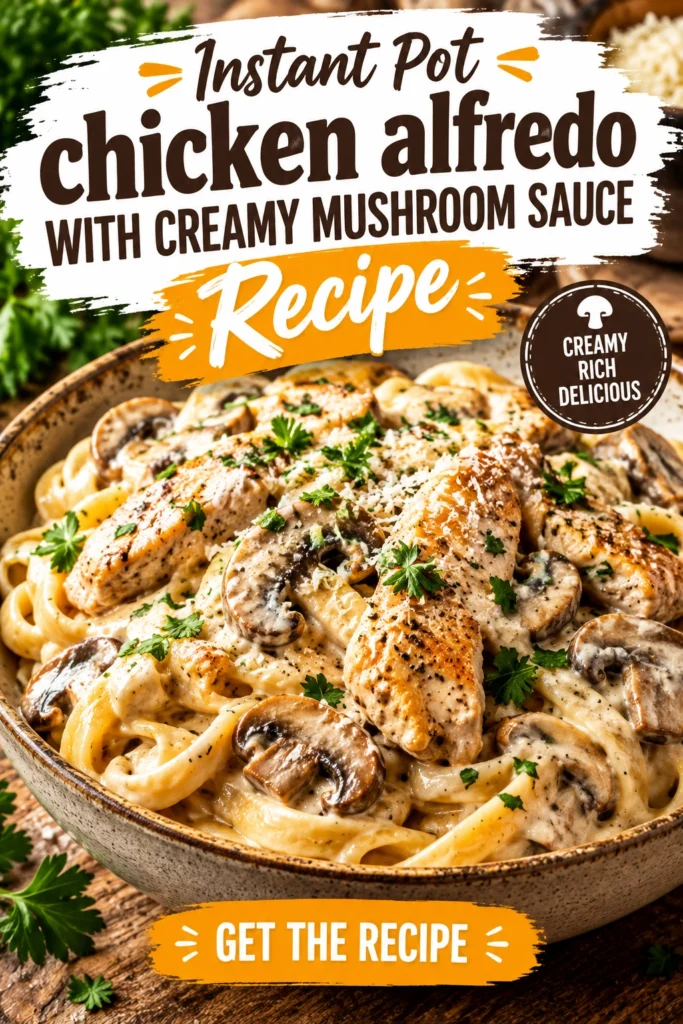 Creamy chicken alfredo pasta with sliced mushrooms in a white bowl, garnished with fresh parsley and cracked black pepper.