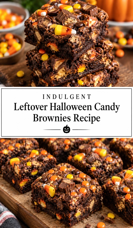 Fudgy chocolate brownies topped with a colorful assortment of melted Halloween candies, sliced into squares on a baking sheet.