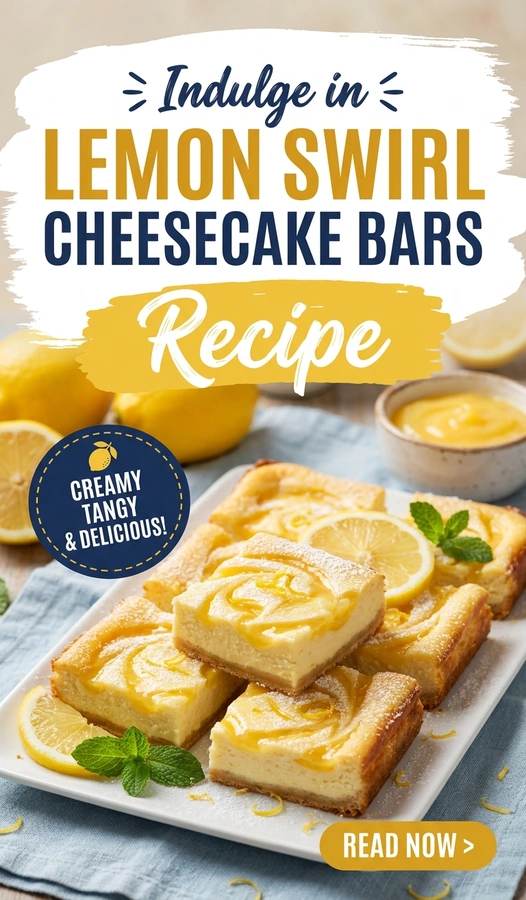 Square cuts of lemon swirl cheesecake bars with a buttery crust and marbled lemon cream topping on a platter.