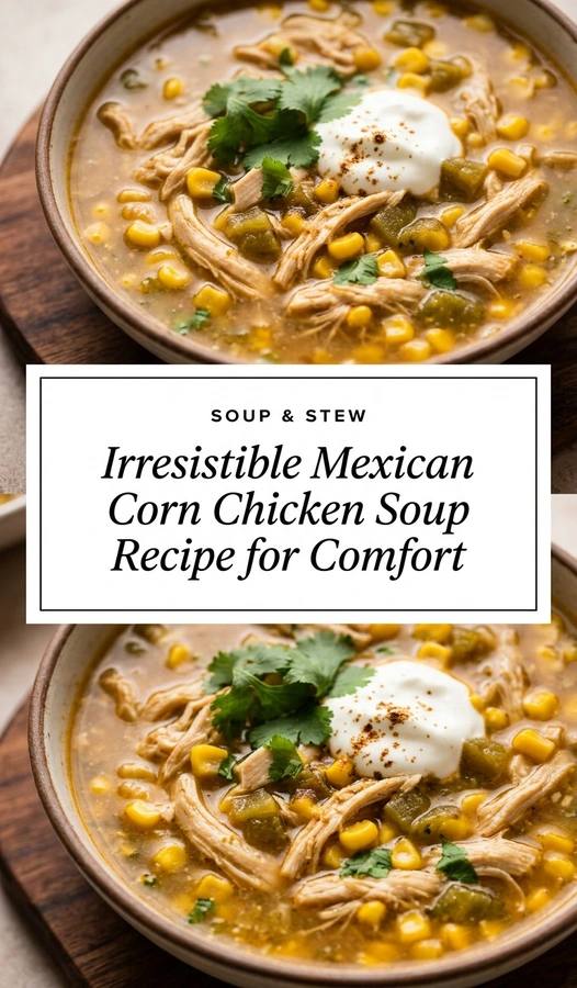 A bowl of Mexican corn chicken soup topped with fresh cilantro, sliced avocado, shredded cheese, and a lime wedge.