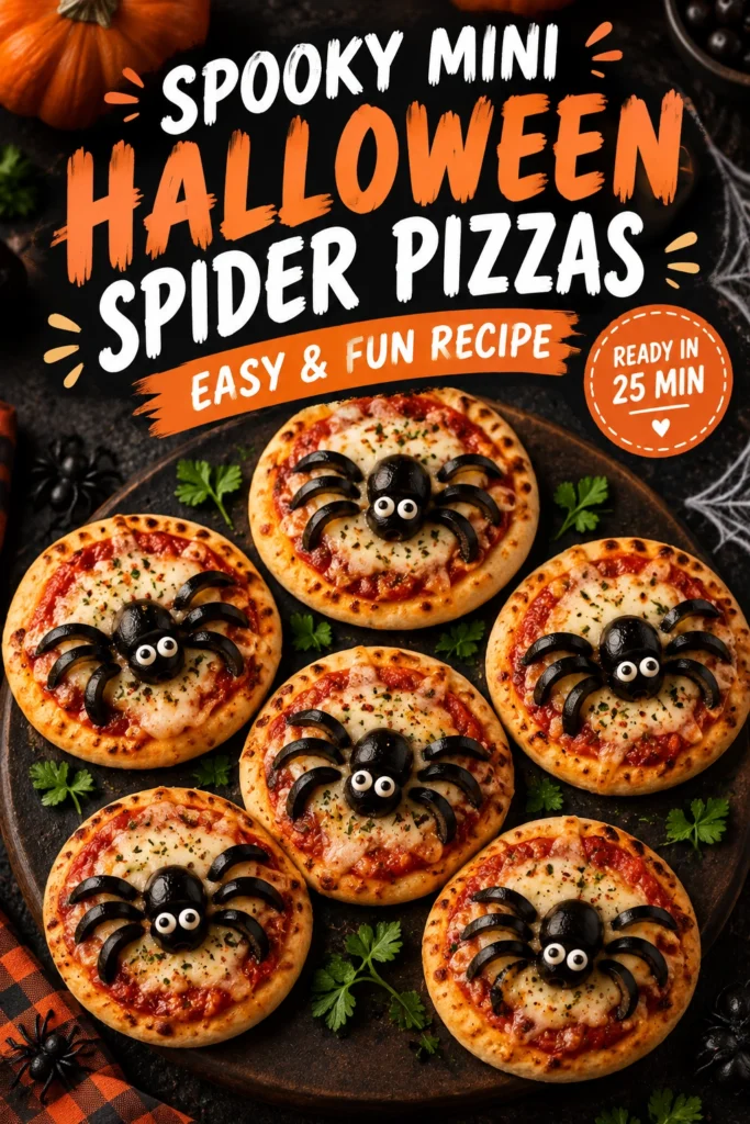 Mini pizzas shaped like spiders with olive slices for eyes and thin strips of pepper for legs.