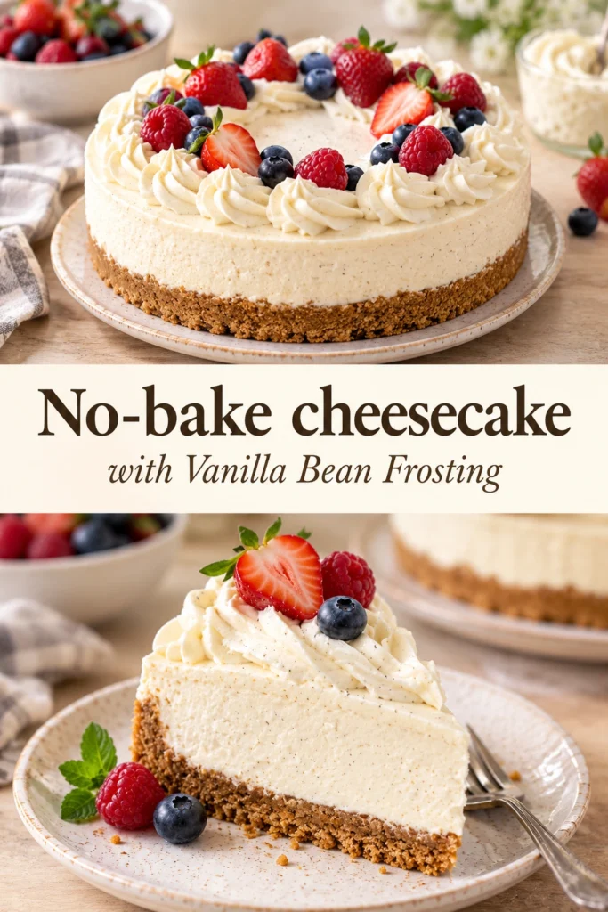A slice of no-bake cheesecake with a graham cracker crust, topped with smooth vanilla bean frosting and fresh berries.