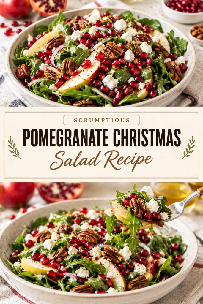 Fresh Christmas salad with mixed greens, bright red pomegranate seeds, crumbled feta cheese, and walnuts in a white bowl.