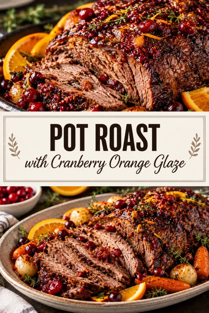 Slices of tender pot roast topped with a glossy cranberry orange glaze, served with roasted carrots and baby potatoes.