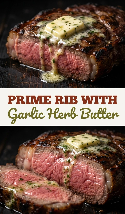 Slices of medium-rare prime rib topped with melting garlic herb butter, served on a platter with fresh parsley.