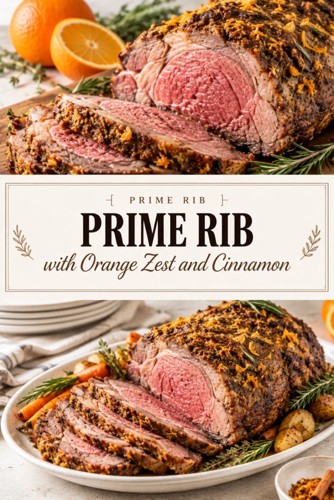 Sliced medium-rare prime rib roast seasoned with orange zest and cinnamon, served on a platter with fresh herbs.