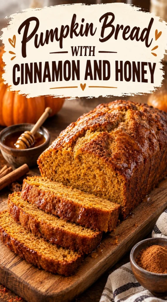 A sliced loaf of moist pumpkin bread dusted with cinnamon, served on a wooden board with a honey drizzle.